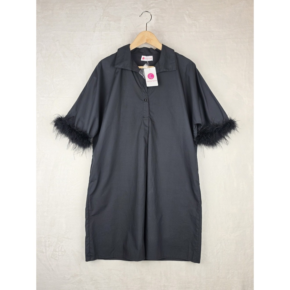Caryn Lawn Heather Feather Dress NWT OS Black Cotton Poplin Feather Trim